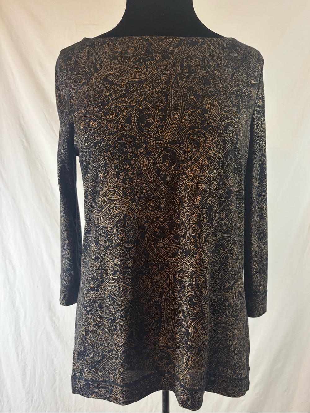 Ralph Lauren Black & Gold Paisley Tunic Top Medium Boho Cottage Dark Academia